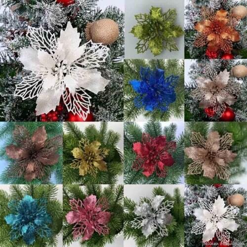 10PCS 11cm Glitter Artificial Christmas Flowers Christmas Tree Decorations for Home Fake Flowers Xmas Ornaments New Year Decor