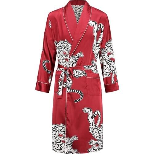 Satin nightgown Mens summer thin bathrobe Tiger nightgown Loose wedding robe silky long sleeve Sleeprobe Plus Size home wear