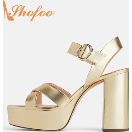 Gold Ankle Strap High Chunky Heels Platform Sandals Woman Buckle Large Size 12 15 For Ladies Summer Footwear Fashion Dress 2021