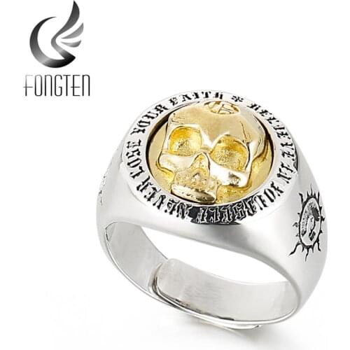 Fongten 925 Sterling Silver Punk Skull Head Charms Ring Gothic Style Viking Fashion Men Women Adjustable Rings Jewelry