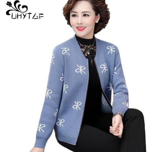 UHYTGF Middle-Aged Elderly Spring Autumn Sweater Coat Cardigan For Women Long Sleeves Zipper Casual Mother Plus Size Jacket 2238