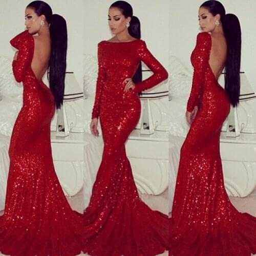 Fashion red sequin evening dresses 2016 backless long sleeves mermaid sexy slim women pageant gown for formal prom patrty
