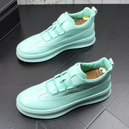 Korean style men fashion patent leather boots blue flats platform shoes punk hip hop dress cowboy boot breathable ankle botas