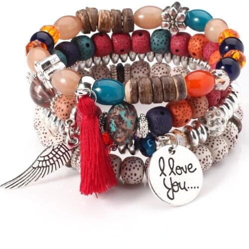 2021 New Fashion Wing Element Imitation Bodhi Bead Bracelet Bohemian Retro Temperament Multi-layer Personality Bracelet Set