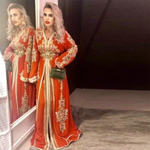 Orange Moroccan Caftan Formal Evening Dresses V Neck Long Sleeves Dubai Arabic Women Evening Gowns Prom Dresses Robe De Soiree