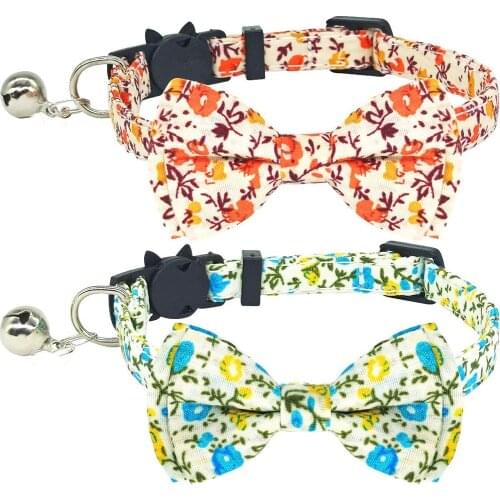 Flower Cat Collar Breakaway with Bells Charm Floral Pattern Adjustable Bowtie Cute Bow Tie Kitten Collars for Kitty Puppies Pets