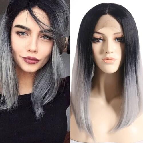QUINLUX WIGS Grey Ombre Bob Wigs Synthetic Lace Front Wig For Black Women Dark Roots High Temperature Heat Fiber Cosplay