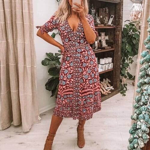 TEELYNN Wrap dresses 2019 autumn rayon red marigold Floral print dresses sexy v-neck Gypsy dress boho dresses for women vestido