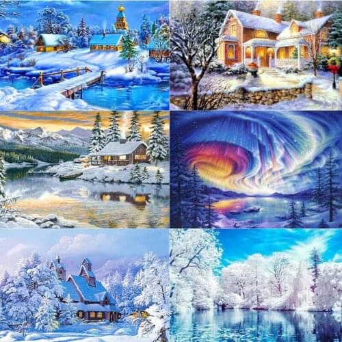 Hot DIY diamond painting winter snow water house diamond embroidery snow scene square mosaic cross stitch wall decoration gift