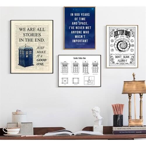 Dr Who Classic TV Show Poster Prints Tardis We Are All Stories In The End Dictionary Page Art Canvas Painting Picture Home Decor