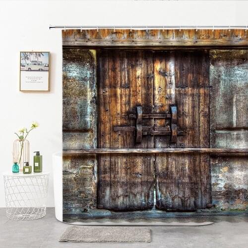 Retro Nostalgic Wooden Door Shower Curtains Set With Hook Bathroom Curtain Old Fashioned Style Home Decor Wall Background Cloth