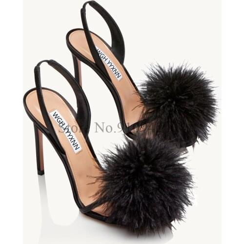 Peep Toe Artificial Fur Sandals Black Pink Thin High Sandals High Quality Dress Shoes Summer Women Brand Sandals