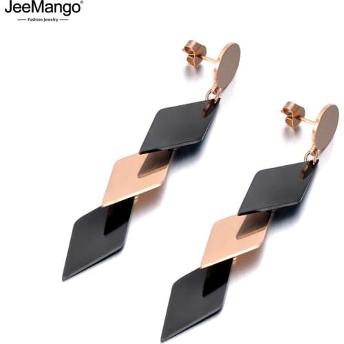 JeeMango Серьги Trendy Stainless Steel Geometric Tassel Dangle Earrings For Women Bohemia Black/Rose Gold Beach Jewelry JE20046
