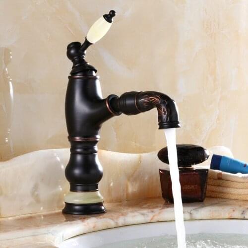 Basin Faucets Antique Carved Brass Hot & Cold Pull Out Spout Sink Mixer Tap Single Handle Deck Mounted Bathroom Crane Tap