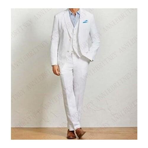 ANNIEBRITNEY White Linen Wedding Suits For Men Casual Groom Tuxedos Summer Beach Groomsman Prom Party Suit Costume Custom Suits