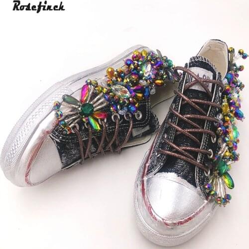 Womens Rhinestone Canvas Shoes Handmade Personalized Three-dimensional Sequins Creative Fashion Sneakers Women Casual WK101