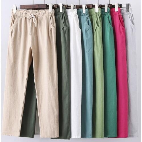 2019 Women Casual Loose Pants Solid Elastic Waist Cotton linen Harem Pants Spring Summer Candy color Female Trousers Clothing