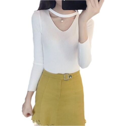 QRWR 2020 Sweaters Women Autumn Korean Sexy V Neck Long Sleeve Knitted Pullover Elegant Slim Fit Solid Color Women Sweater