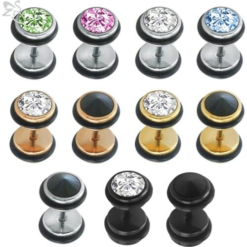 ZS Mix Color Crystal Stud Earrings For Women Black Steel Fake Ear Plug Tunnel Earring 16 Gauge Stainless Steel Ear Piercings