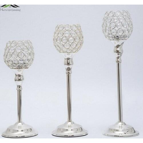 3pcs/lot New metal silver plated candle holders with crystals stand pillar for wedding romantic decoration candelabra wholesale