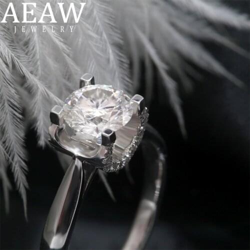 AEAW Simple Solid 14K White Gold Round Moissanite Diamond Ring Emgagement Ring Wedding Ring DF Color For Women