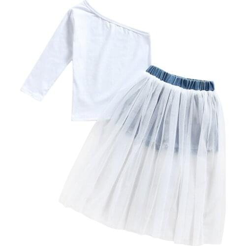 Baby Girls White veil One-shoulder Solid Color Long Sleeve Pullover Mesh Patchwork Denim Shorts 2 Pcs Toddler Casual Outfits