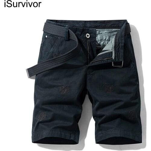 ISurvivor 2021 New Mens Embroidered Casual Pants Trend Straight Cotton Loose Five-Point Pants