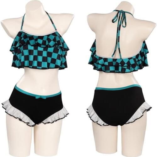 Kamado Tanjirou Swimsuit Anime Demon Slayer Kamado Tanjirou Cosplay Costume Swimwear Outfits Two Piece Swimwear Bathing Suit
