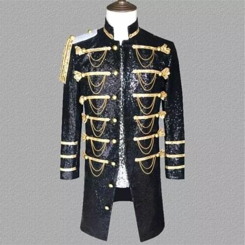 Men Black Long Jacket Sequins Blazer Tide Male Rock Singer Band Tuxedo Costume Bar Concert Performance Coat