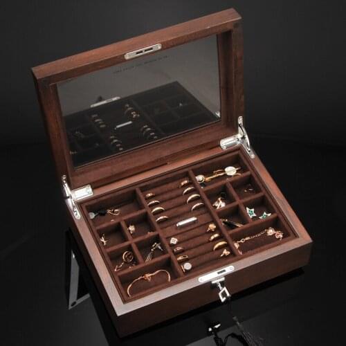 New Double-Layer Elm Wood Jewelry Box European Jewelry Storage Box Large Space Jewelry Ring Holder Organizer with Glass Top Lid