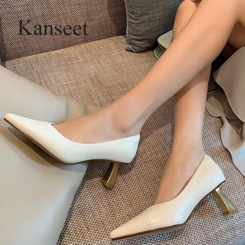 Kanseet 2021 New Spring Autumn Genuine Leather Shoes Fashion Design High Quality Handmade Pointed Toe Thick Heels Womens Pumps