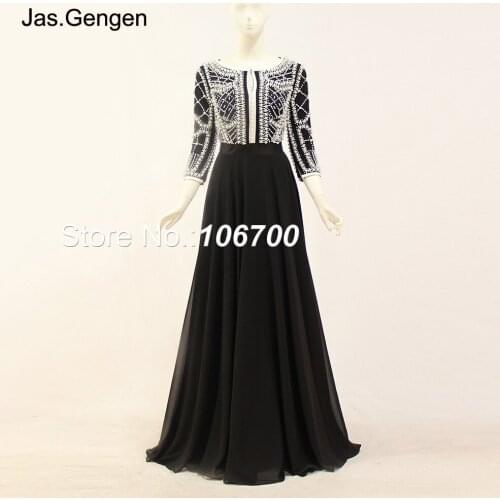 New Arabic Style Prom Dresses 3 Quarter Sleeve Heavy Beaded Pearl Black Chiffon Long Evening Gown 913C