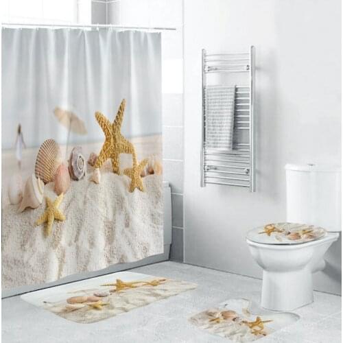 New 4pcs/set Beach Conch Starfish Printed Pattern Bathroom Decoration Water-resistant Shower Non-slip Bath Mat Set
