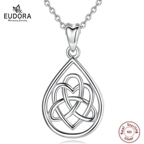 EUDORA Sterling Silver Celtics Love Knot pendant necklace Water drop Pendants Fine Jewelry for Women Party Gift CYD132