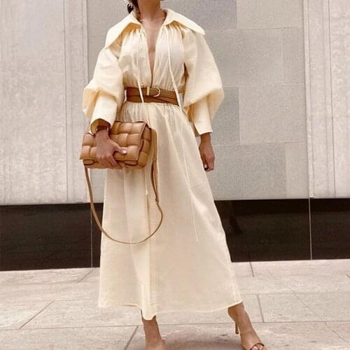 Special interest design long dress autumn long sleeves women y2k pleated vocation style sexy loose Beige shirtdress with belt