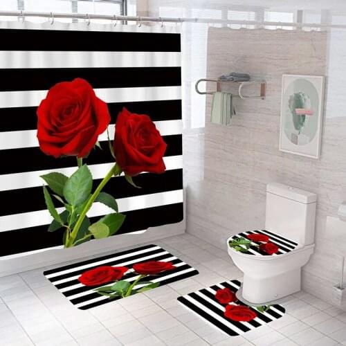 Rose Flower Shower Curtain Sets with Non-Slip Rugs Bath Mat Toilet Lid Cover and 12 Hooks Waterproof Polyester Bathroom Decor