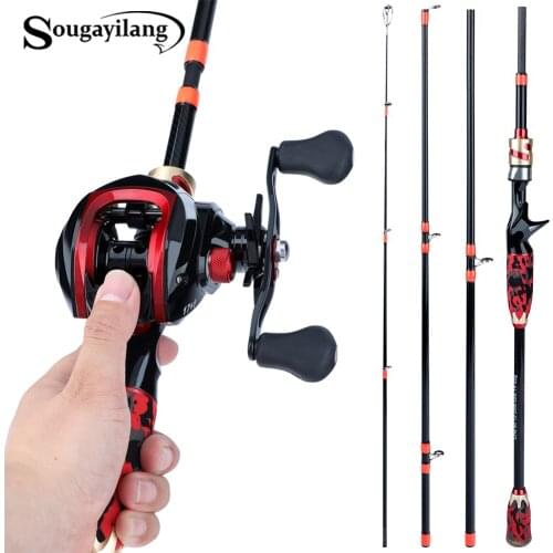 Sougayilang new Portable 4 Section Carbon Fiber Rod and 17+1BB Baitcasting Reel Travel Combo 1.8m 2.1m Casting Fishing Combo