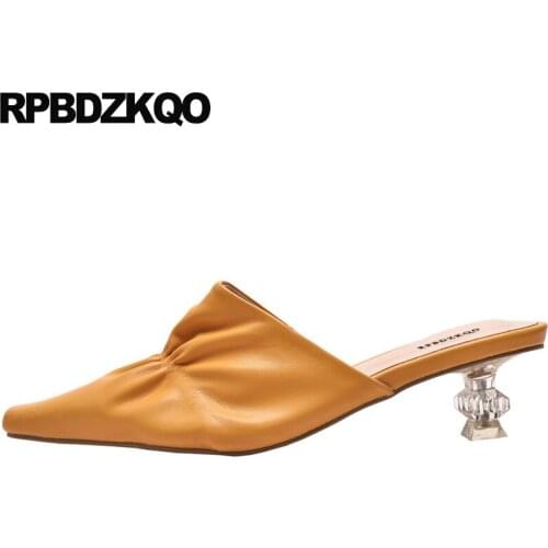 Clear Pumps Medium Heels Yellow Black Work Shoes Women Leather Thin Modern Transparent Sandals Office Glass Pointed Toe Kitten