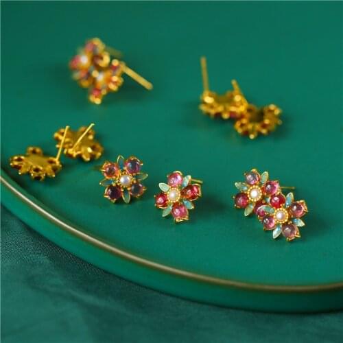 UBESTNICE Trendy Cute Enamel Craft S925 Sterling Silver Rubellite Flower Pearls For Women Fine Jewelry Stud Earrings Original