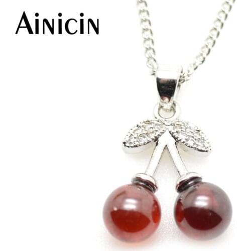 High Quality Wine Red Zircon 12x16mm Cherry Shape Pendant Silver Plated Rhinestone Crystal Setting Fashion Women Necklace