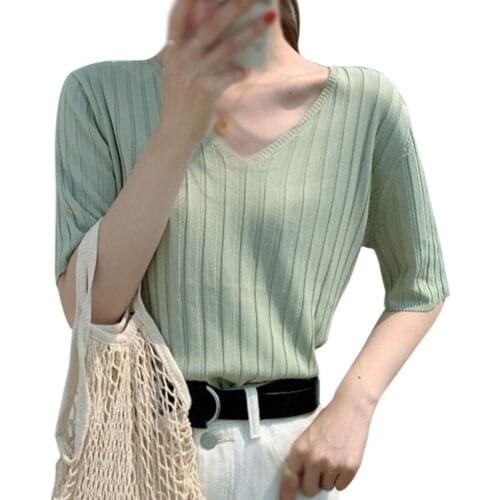 Womens t-Shirts Thin Ice Silk Short-Sleeved Knit Solid Color Vetements Femmes Top One Size