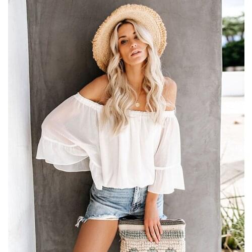 Sexy Off Shoulder White Chiffon Blouse Shirt Summer Women Flare Sleeve Casual Top 2021 Fashion Solid Black Loose Sweet Blouses
