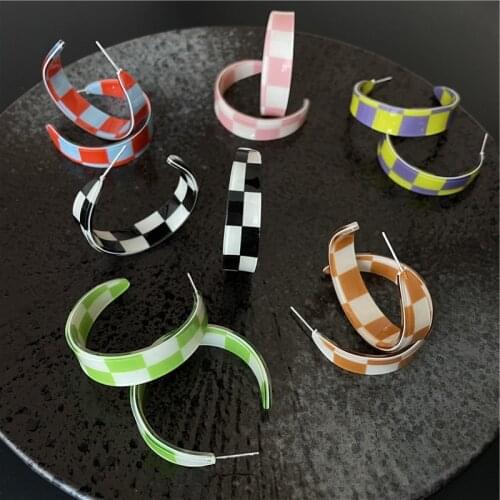 2021 New Retro Trend Candy Color Black White Plaid Geometric C-shaped Hoop Earring for Women Girls Aesthetic Y2K Jewelry