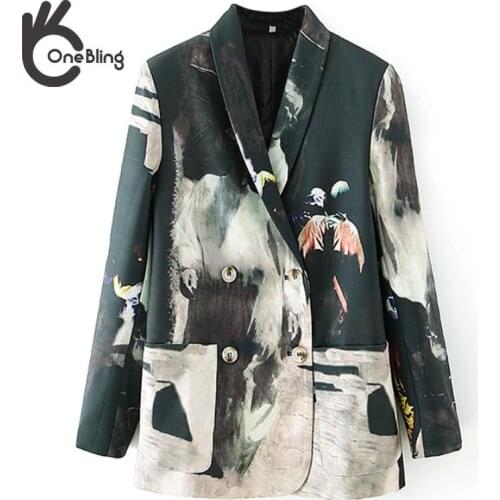 OneBling Za Women 2021 Fashion Traf Tie dye Print Patchwork Blazer Coat Vintage Long Sleeve Pockets Female Outerwear Chic Femme