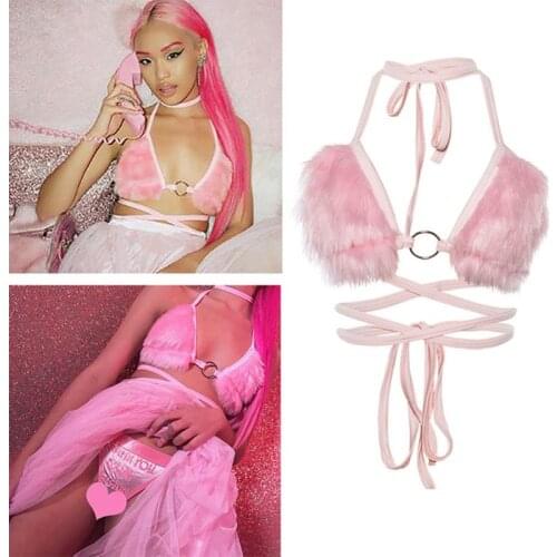 Womens Sexy Halter Lace-up Triangle Bikini Bra Deep V-Neck Fluffy Plush Crop Top Vest Backless Cross Strap Bralette Rave