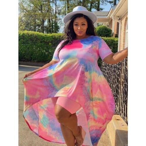 Pink Casual Print Asymmetrical O Neck Short Sleeve Dress Plus Size Dresses Without Shorts