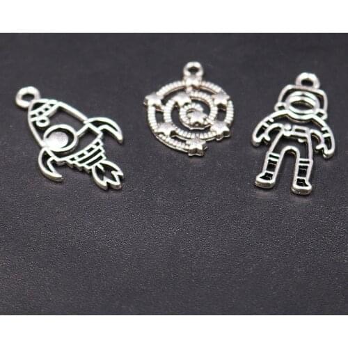 15pcs Silver Plated Metal Hollow Spaceship/Astronaut/Galaxy Pendant DIY Charm Hip Hop Bracelet Earrings Jewelry Crafts Making