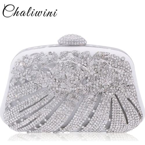 Chaliwini Metallic Hollow Out Crystal Floral Women Evening Clutch Bag Bridal Wedding Rhinestones Knucklebox Purse Handbag