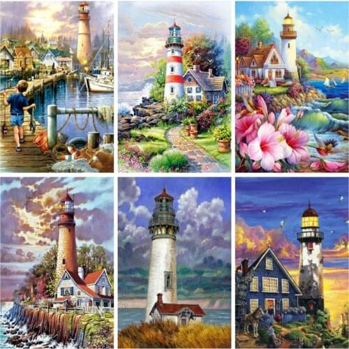 EverShine Diamond Painting Lighthouse Diamond Mosaic Seaside Cross Stitch Bead Embroidery Rhionestons Art Handmade Home Decor
