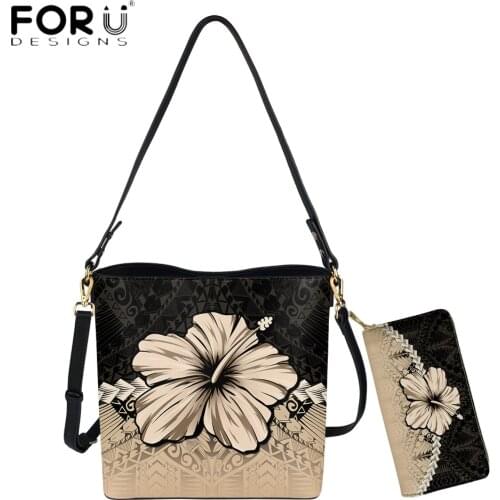 FORUDESIGNS Fashion Vintage Women Bucket Bag And Purse 2pcs Set Hawaiian Polynesian Tribal Hibiscus Print Lady Shoulder Bolsas